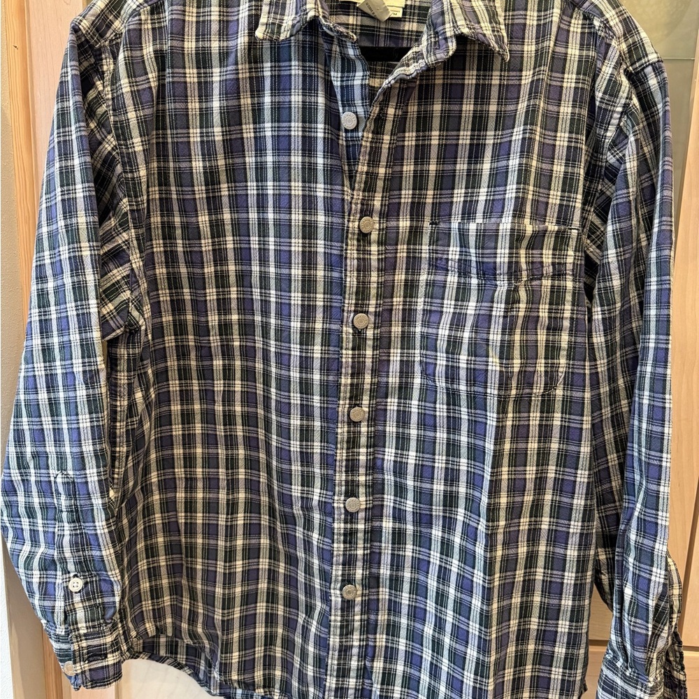Eddie Bauer Navy and White Plaid Men's Shirt